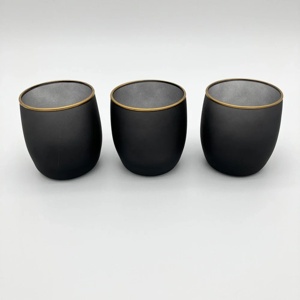 Votive Candle Holders Set of 3 Matte Black Gold Rim Frosted Glass